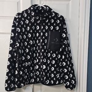 New Converse Cozy Teddy Jacket Full Zipper Pockets Cozy Blk White XL